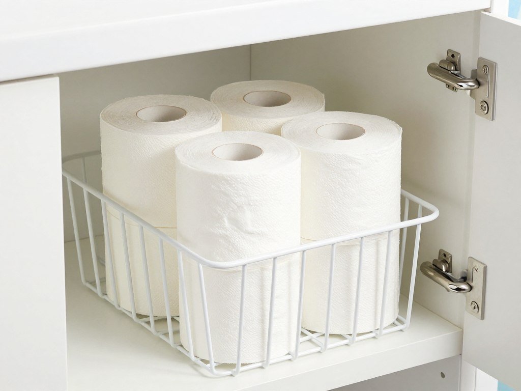 bathroom cabinet with organized toilet paper storage
