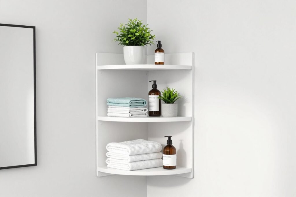 bathroom corner shelving unit with toiletries and towels