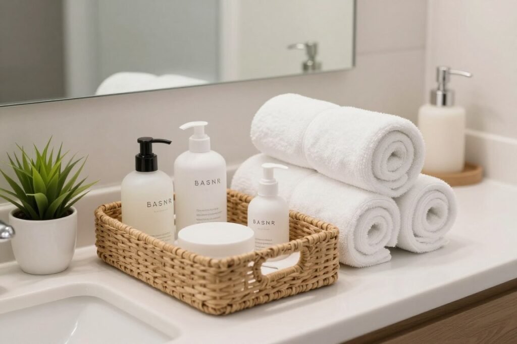 bathroom counter with guest amenities basket and fresh towels