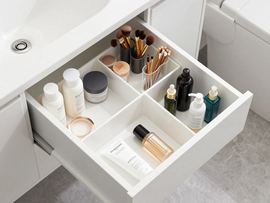 bathroom drawer with organized dividers for makeup and toiletries
