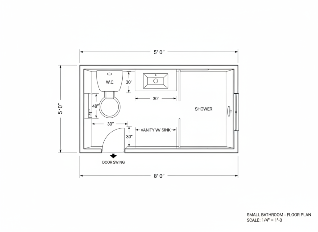 bathroom floor plan diagram showing fixture placement and clearances