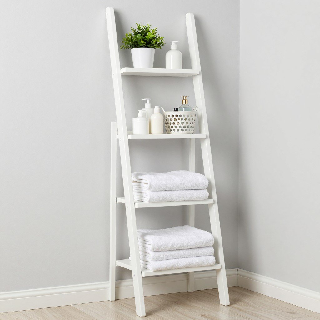 bathroom ladder shelf leaning against wall with towels and storage baskets