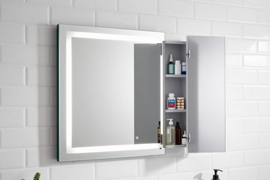 bathroom mirror with hidden storage cabinet behind