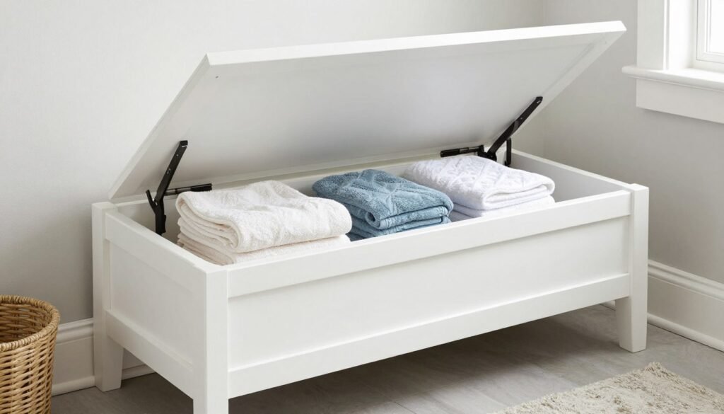 bathroom storage bench with towel storage and seating