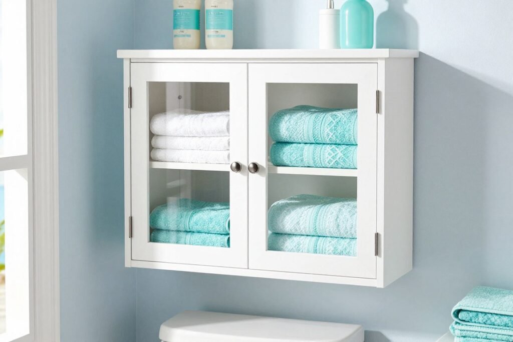bathroom storage cabinet above toilet with glass doors