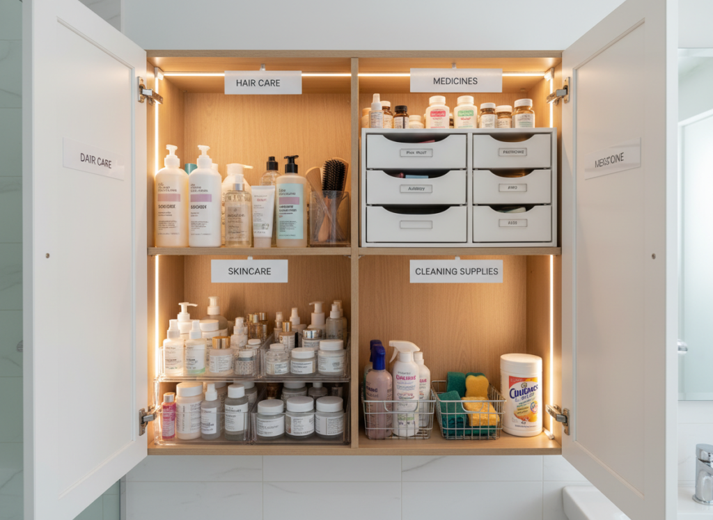bathroom storage organized by category with labeled zones