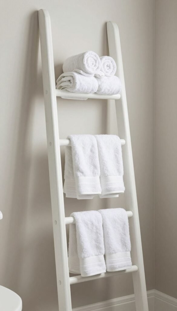 bathroom towel ladder storage with rolled towels