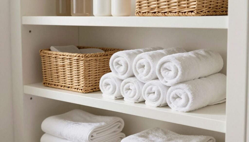 bathroom towel storage with rolled towels in baskets and shelves