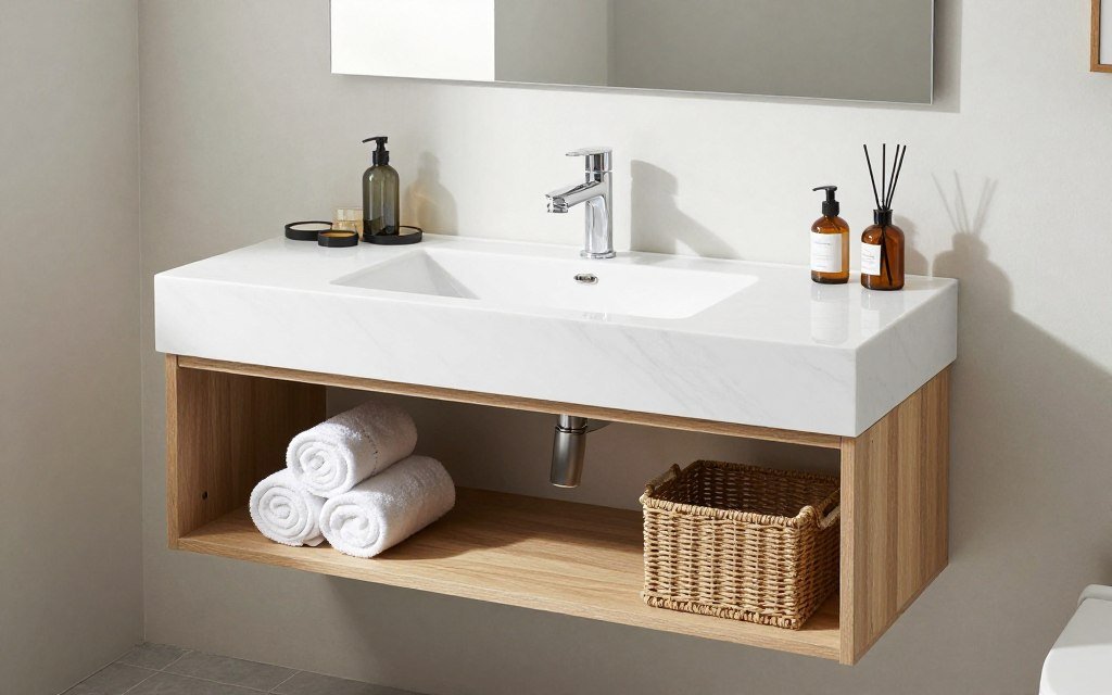bathroom vanity with open shelf storage