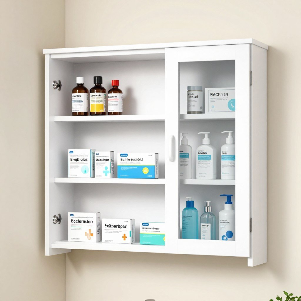 bathroom wall-mounted cabinet with organized shelves and medicine storage