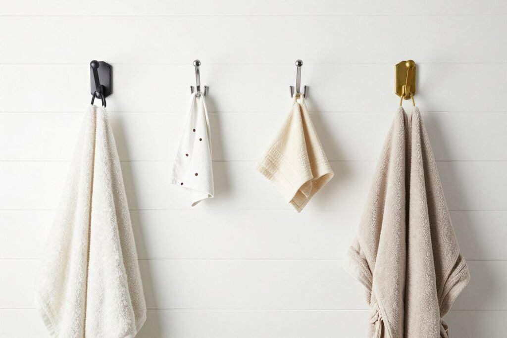 bathroom walls with decorative hooks for towels and robes