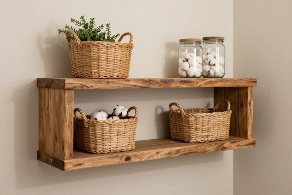 bathroom with rustic wooden floating shelves above toilet