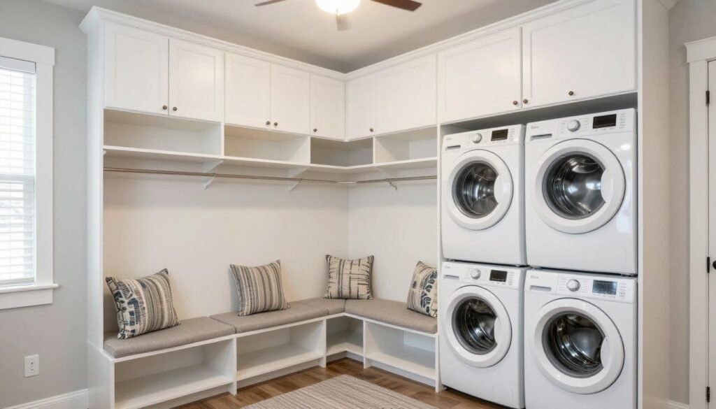 beautiful completed mudroom laundry combo showing all design elements working together