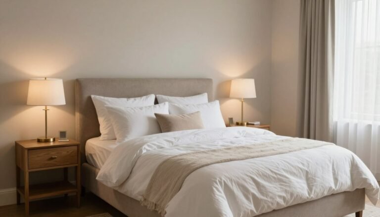 beautifully decorated guest bedroom with neutral tones and cozy bedding