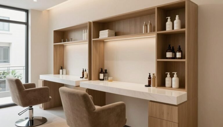 beautifully decorated small salon suite with modern furniture and clever storage solutions
