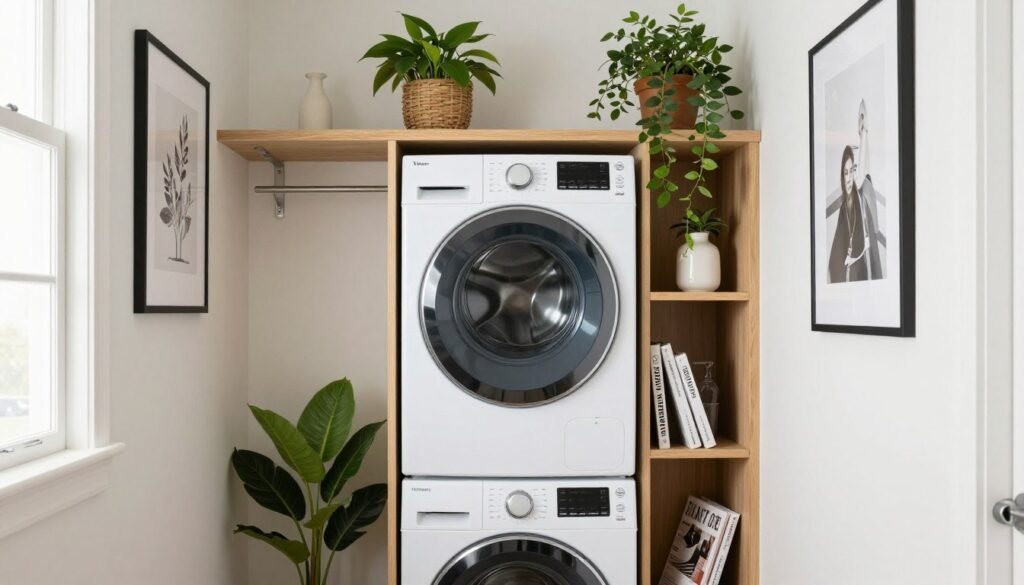beautifully designed small laundry room with stackable washer dryer and thoughtful details