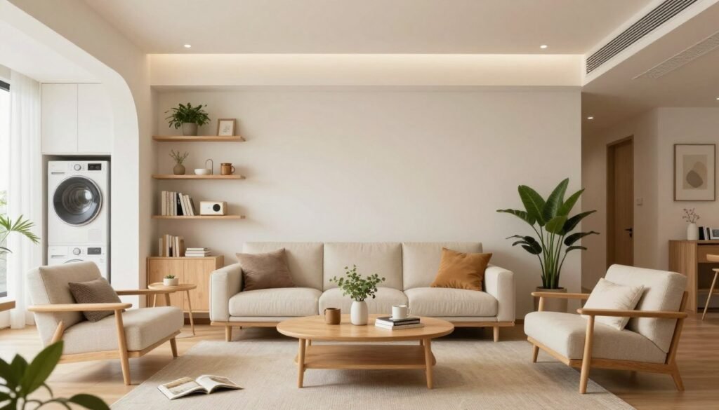 beautifully designed small living room incorporating multiple space-saving ideas