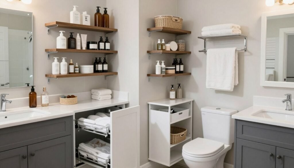 beautifully organized bathroom showcasing multiple storage solutions