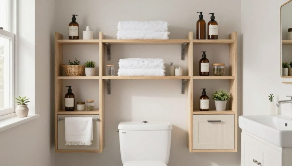 beautifully organized bathroom with multiple storage solutions