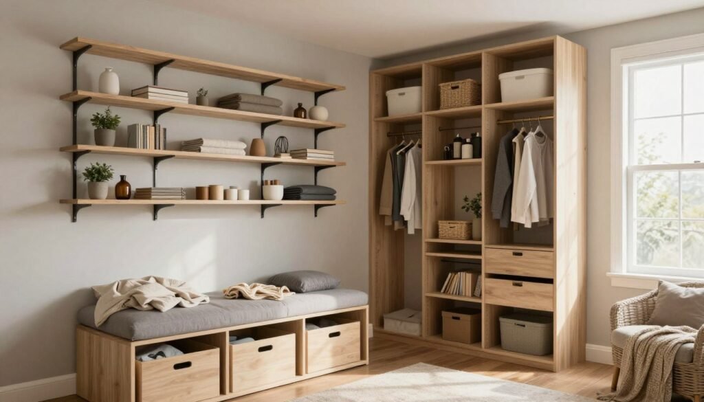 beautifully organized bedroom showcasing multiple storage solutions working together