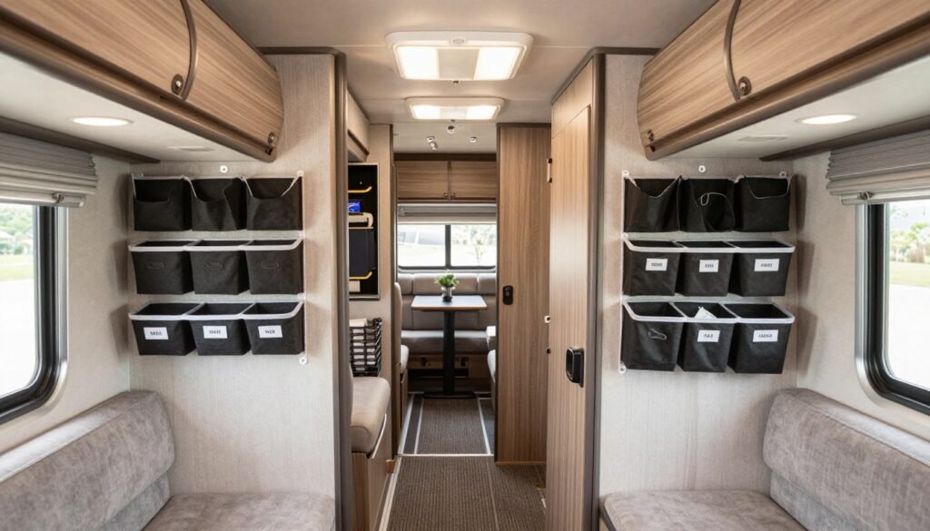 beautifully organized rv interior showing multiple storage solutions