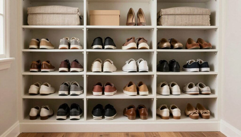 beautifully organized shoe collection using multiple storage solutions