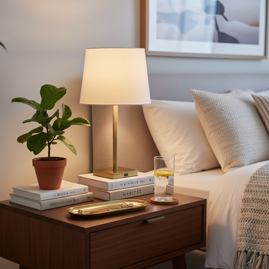 beautifully styled bedside table with essentials