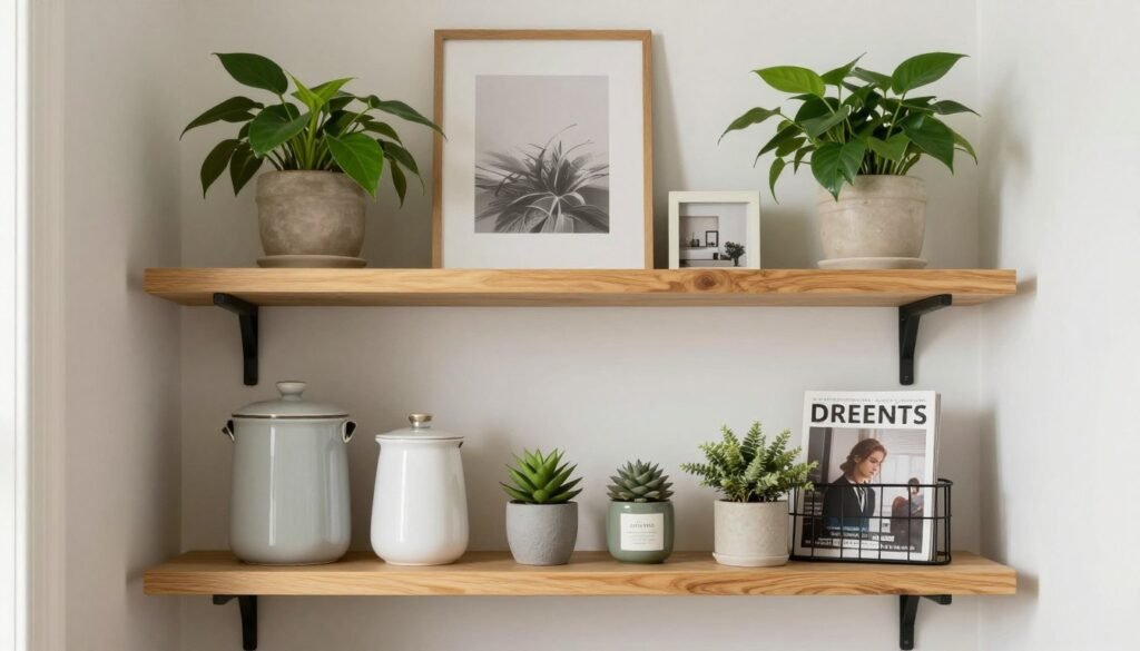 beautifully styled laundry room shelves