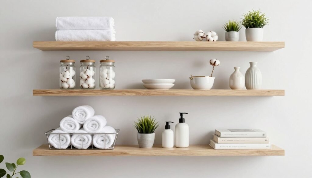 beautifully styled open bathroom shelving