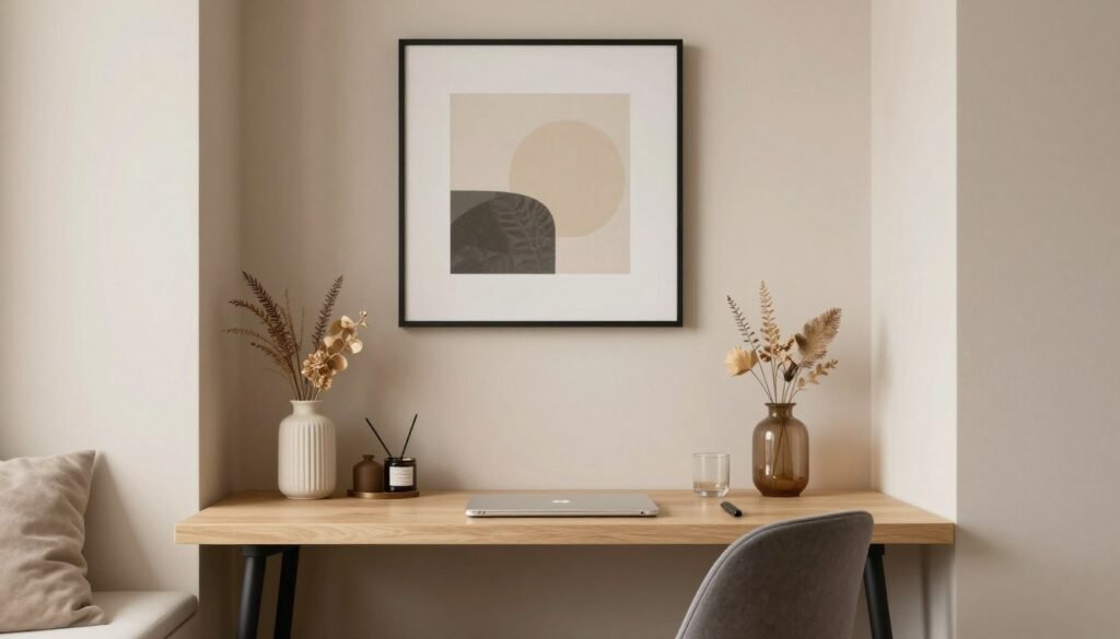 beautifully styled small desk area with cohesive design