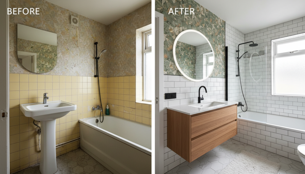 beautifully transformed small bathroom showcasing tile and wallpaper ideas