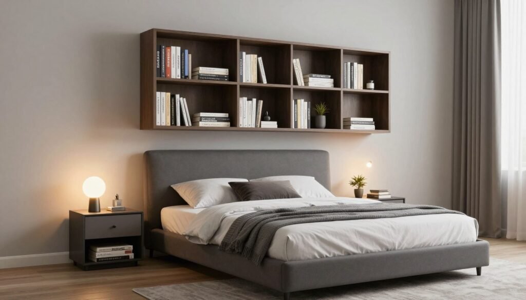 bed frame with built-in bookshelf headboard for bedside book storage