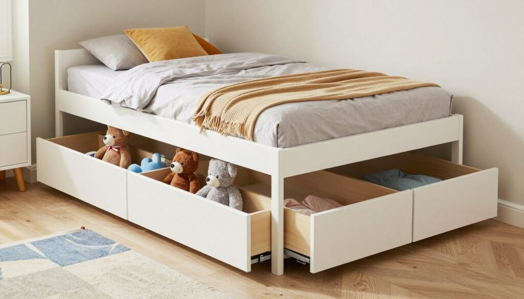 bed frame with storage drawers underneath holding stuffed animals