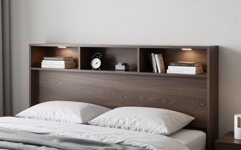 bed headboard with integrated shelving and storage cubbies