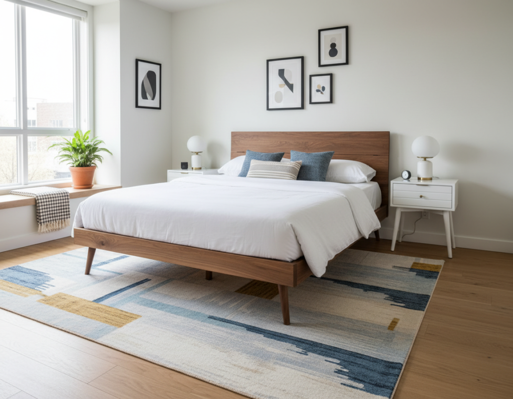 bed with exposed legs showing floor space underneath in very small bedroom