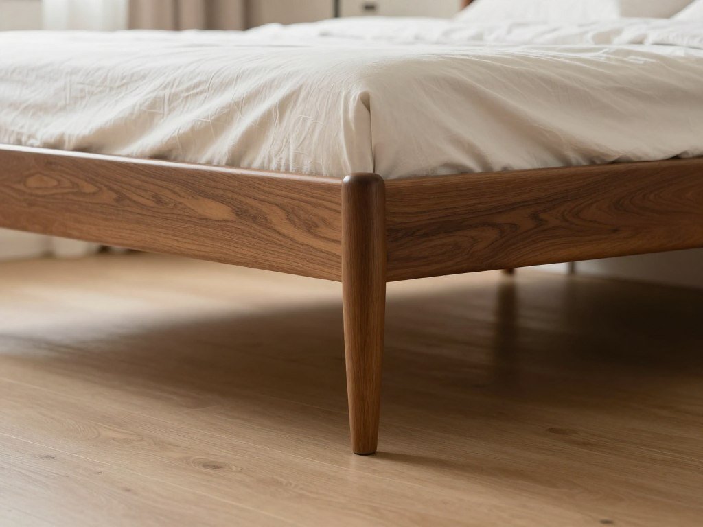 bed with exposed wooden legs showing floor space underneath