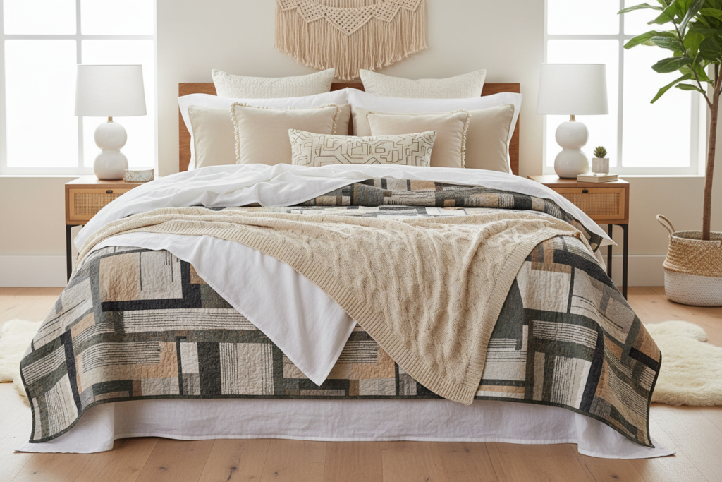 bed with layered bedding including sheets blankets and pillows