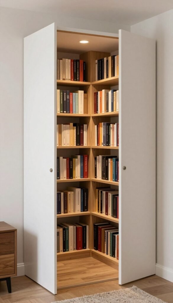 bedroom closet converted to book storage with adjustable shelving