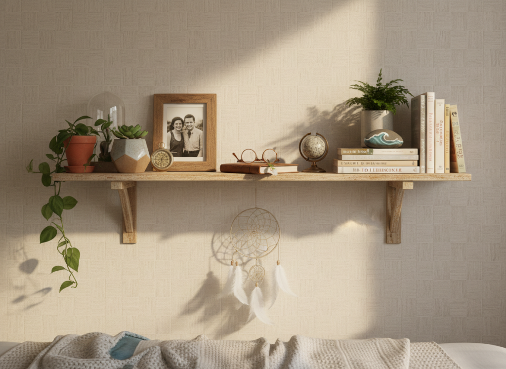 bedroom shelf with personal collection display