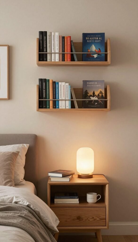 bedroom wall shelves above nightstand holding bedtime reading collection