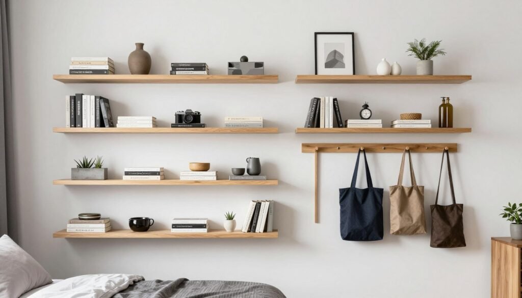 bedroom wall storage with floating shelves and wall-mounted organizers