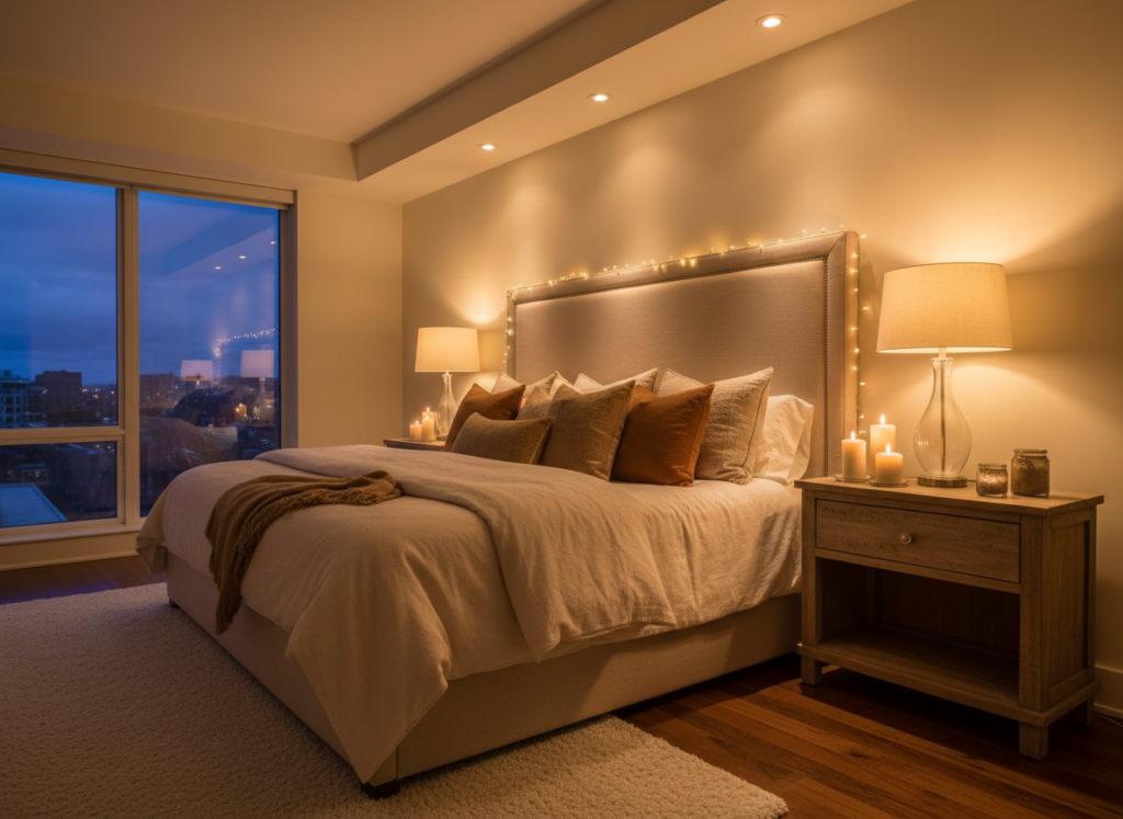 bedroom with layered romantic lighting including bedside lamps and soft overhead light