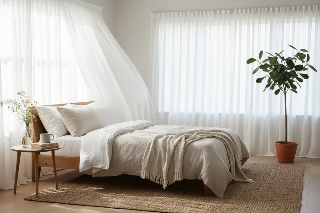 bedroom with light summer bedding