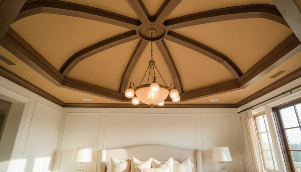 bedroom with painted ceiling and wood beams