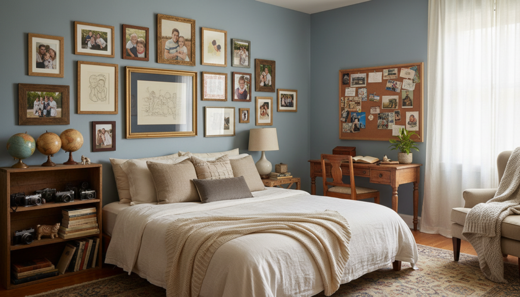 bedroom with personal photos and meaningful decor