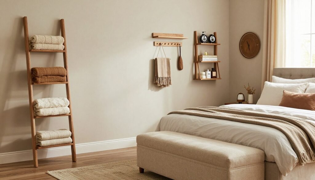 bedroom with storage bench and organized blanket solutions