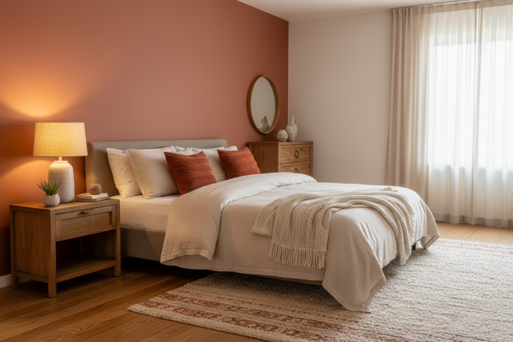 bedroom with terracotta and cream color scheme