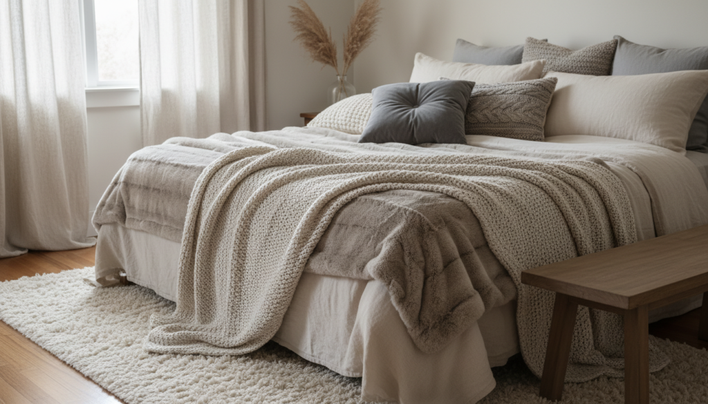 bedroom with various soft textures and fabrics