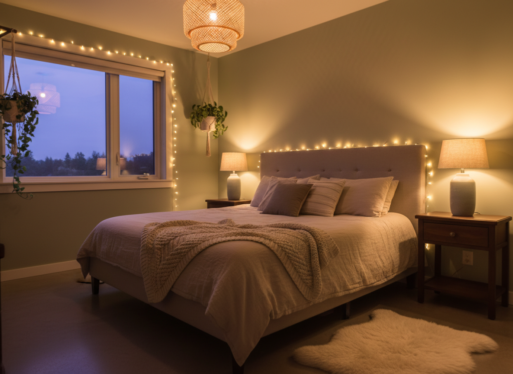 bedroom with warm ambient lighting from multiple sources