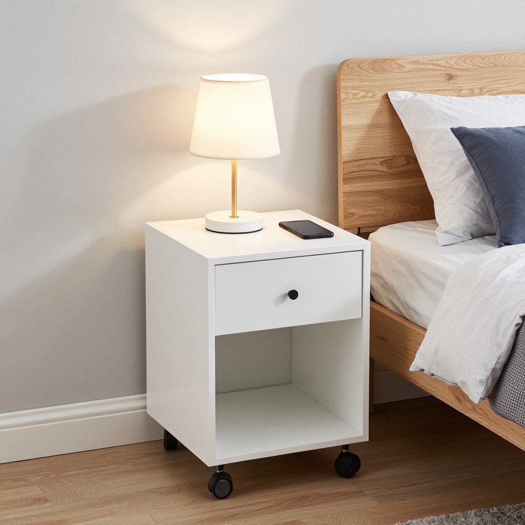 bedside table desk combination in compact bedroom